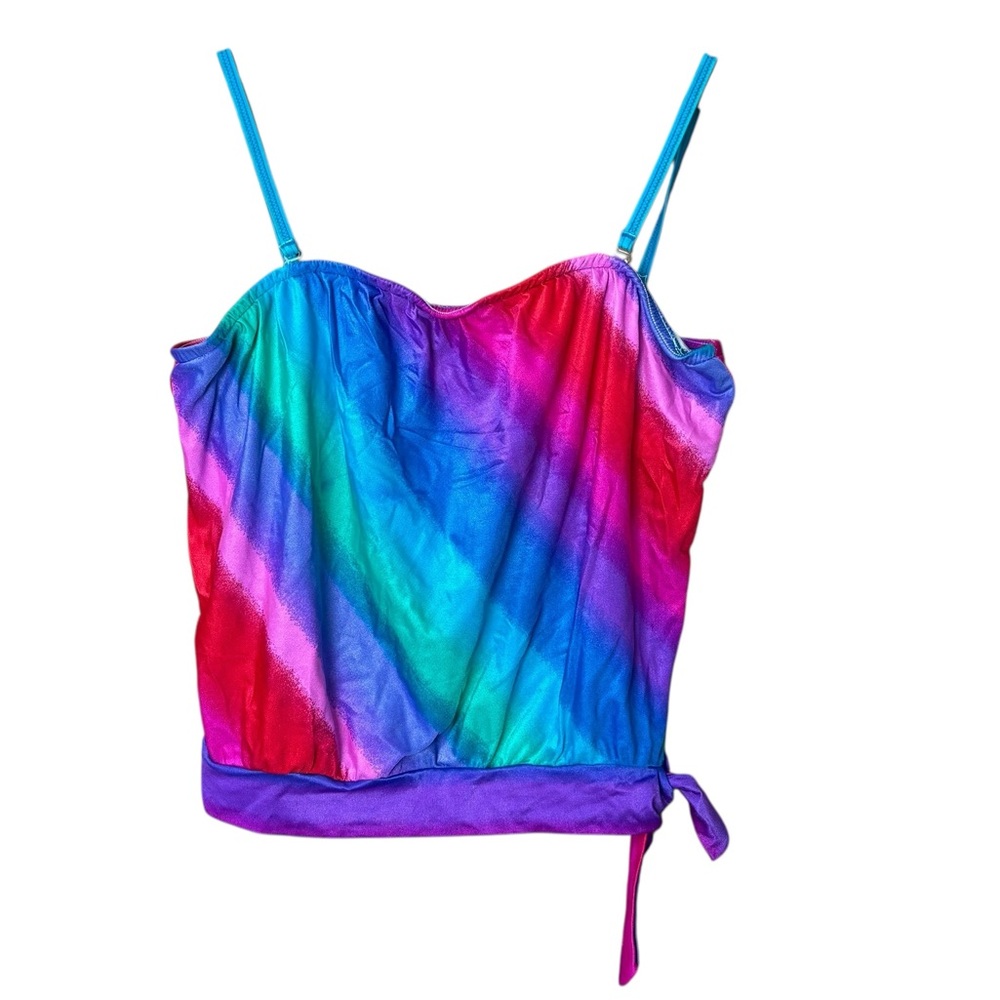 VTG Jantzen rainbow-striped tankini swim top tie waist hem Size 14